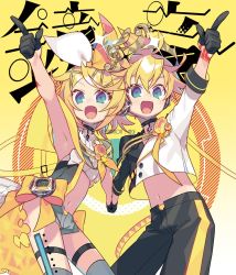  1boy 1girl ahoge arm_up armpits artist_name asymmetrical_clothes bass_clef belt black_gloves black_shorts blonde_hair blush breasts brother_and_sister choker crop_top frilled_shirt frills gloves green_eyes grey_shorts half_gloves headphones holding_hands index_finger_raised kagamine_len kagamine_rin kamina_pose midriff navel negi_(ulog&#039;be) open_mouth outstretched_arm pointing pointing_up shirt short_shorts short_sleeves shorts siblings small_breasts smile treble_clef twins two-tone_shirt vocaloid 