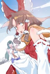  2girls :3 benikurage_(cookie) blue_sky bow breasts brown_hair clear_sky collared_shirt commentary_request cookie_(touhou) covered_erect_nipples cross day detached_sleeves dress dutch_angle facepaint fang frilled_bow frilled_hair_tubes frills green_eyes green_hair hair_bow hair_tubes hakurei_reimu kebabu_01 kochiya_sanae large_breasts long_hair looking_at_viewer looking_to_the_side medium_bangs medium_hair mittens multiple_girls open_mouth orange_eyes orange_scarf parted_bangs paseri_(cookie) red_bow red_dress red_mittens ribbon-trimmed_sleeves ribbon_trim saliva scarf shirt single_hair_tube single_sidelock sky sleeveless sleeveless_dress sleeveless_shirt small_breasts smile snow strangling touhou upper_body upturned_eyes whiskers white_sleeves 
