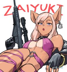 1girl absurdres animal_ears anti-materiel_rifle atoroux barrett_m82 bikini_tan black_gloves black_jacket blonde_hair breasts choker cleavage earrings fingerless_gloves genderswap genderswap_(mtf) gloves gun highres holding holding_weapon jacket jewelry journey_to_the_west leather leather_jacket lingerie long_hair looking_at_viewer lying medium_breasts midriff o-ring o-ring_choker on_back open_clothes open_mouth pig_ears pig_girl pig_nose rifle rose_(zaiyuki) single_earring sniper_rifle tan tanline text_background underwear weapon zaiyuki zhu_bajie 