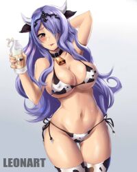  1girl abs animal_print artist_name bell bikini blush bottle breasts camilla_(fire_emblem) choker cleavage commentary covered_erect_nipples cow_horns cow_print cow_print_bikini cowbell english_commentary fake_horns fire_emblem fire_emblem_fates gluteal_fold grey_background hair_over_one_eye holding holding_bottle horns large_breasts leonart long_hair milk milk_bottle navel nintendo parted_bangs print_bikini purple_eyes purple_hair revealing_clothes sidelocks simple_background solo swimsuit thighs tiara tongue tongue_out wavy_hair 
