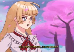  1990s_(style) 1girl blonde_hair breasts emilie_de_rochefort english_text falling_petals highres long_hair long_sleeves namco nialistically petals retro_artstyle small_breasts tekken tekken_tag_tournament_2 tree 