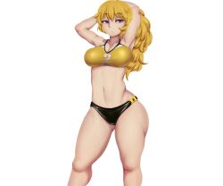  1girl armpits arms_behind_head blonde_hair breasts buruma cleavage half-closed_eyes highres large_breasts legs long_hair looking_at_viewer navel ponytail purple_eyes rwby seductive_gaze solo sports_bra sportswear thick_thighs thighs wide_hips yang_xiao_long 