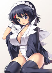 1girl between_legs black_hair black_thighhighs blue_eyes blush breasts choker cleavage hair_ornament hairclip hand_between_legs hand_in_own_hair headdress huge_breasts iroha_(samurai_spirits) looking_at_viewer nagase_haruhito no_pants open_mouth samurai_spirits short_hair simple_background sitting solo thighhighs wariza white_background rating:Questionable score:50 user:danbooru
