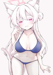  1girl absurdres akira_(blue_archive) animal_ear_fluff animal_ears bikini blue_archive breasts cat_ears cat_girl cat_tail chef_rat halo highres long_hair pink_halo red_eyes smile solo swimsuit tail white_background white_hair 