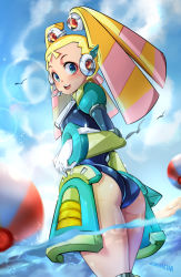  1girl absurdres android animahakim ass ball beachball blonde_hair blue_eyes blue_one-piece_swimsuit blue_sky cloud highres looking_at_viewer looking_back mega_man_(series) mega_man_x_(series) microphone multiple_girls one-piece_swimsuit open_mouth pallette_(mega_man) partially_submerged partially_underwater_shot robot_ears school_swimsuit sky smile swimsuit teeth underwater upper_teeth_only water  rating:Questionable score:30 user:danbooru
