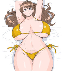  bed bikini blue_eyes breasts brown_hair huge_breasts long_hair looking_at_viewer side-tie_bikini_bottom smile swimsuit thick_thighs thighs  rating:Sensitive score:5 user:GMSniper56