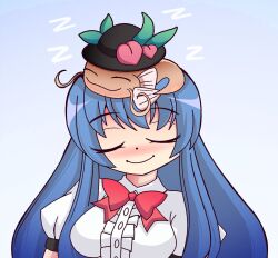 1girl animal animal_on_head black_headwear blue_background blue_hair bow bowtie breasts catfish closed_eyes closed_mouth commentary commission english_commentary facing_viewer fish gradient_background hinanawi_tenshi long_hair medium_breasts namazu on_head red_bow red_bowtie ruihill short_sleeves sleeping smile touhou upper_body zzz