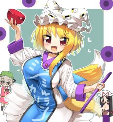  3girls :d animal_ears animal_hat asymmetrical_hair blonde_hair blue_background blue_tabard blush bowl breasts chen chen_(cosplay) chibi commentary_request cookie_(touhou) cosplay cowboy_shot dress fang food_print fox_ears fox_girl fox_tail hakurei_reimu hat heart highres holding holding_bowl large_breasts lets0020 long_hair long_sleeves looking_at_viewer luna_child medium_bangs miramikaru_riran mob_cap multiple_girls open_mouth purple_dress red_eyes red_skirt red_vest rice_bowl riran_youkyu shiromiya_rei single_sidelock skirt skirt_set smile solo_focus sparkling_eyes tabard tail touhou two-tone_background v-shaped_eyebrows very_long_hair vest white_dress yakumo_ran yakumo_ran_(cosplay) yakumo_yukari yakumo_yukari_(cosplay) 