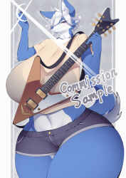  1girl ahoge animal_ear_fluff animal_ears blue_nose blue_skin breasts colored_skin commission cowboy_shot denim electric_guitar english_text eyelashes female_focus furry furry_female gibson_flying_v grey_background guitar hair_over_one_eye holding holding_instrument huge_breasts instrument linea_alba looking_at_viewer midriff navel no_humans sample_watermark short_hair shorts skindentation smile solo standing tail thick_thighs thighs watermark white_hair white_skin wide_hips wolf_ears wolf_girl wolf_tail yasume_(cheap_melon_soda) 