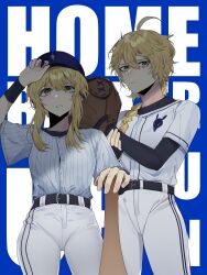  1boy 1girl absurdres aether_(genshin_impact) ahoge alternate_costume arm_up baseball_bat baseball_cap baseball_glove belt black_belt black_shirt blonde_hair blue_background blue_hat braid brother_and_sister brown_gloves buttons closed_mouth commentary english_commentary english_text fingernails genshin_impact gloves hair_between_eyes hand_up hands_up hat heishisei highres holding holding_baseball_bat layered_sleeves long_hair long_sleeves looking_at_viewer lumine_(genshin_impact) pants shirt short_hair short_over_long_sleeves short_sleeves siblings sidelocks single_glove sparkle_print standing striped_clothes striped_shirt t-shirt teeth white_pants white_shirt wristband yellow_eyes 