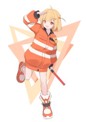  1girl absurdres ahoge blonde_hair boots daidai_(daidai826) dot_nose full_body hair_ornament hairclip highres holding holding_weapon jacker jacket long_sleeves looking_at_viewer medium_hair open_mouth orange_eyes orange_footwear orange_jacket original second-party_source shoes simple_background solo standing standing_on_one_leg teeth triangle unfinished weapon white_background 