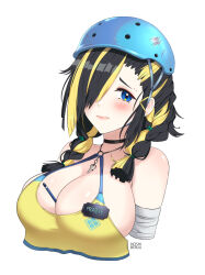  1girl bandaged_arm bandages between_breasts black_hair blonde_hair blue_eyes blush braid breasts cleavage closed_mouth crop_top fragile_(nikke) goddess_of_victory:_nikke helmet hoshiberuu huge_breasts key large_breasts lips long_hair looking_at_viewer multicolored_hair shirt simple_background solo twin_braids two-tone_hair white_background yellow_shirt 