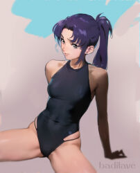  1girl arm_support artist_logo badilave black_one-piece_swimsuit casual_one-piece_swimsuit commentary covered_navel english_commentary grey_eyes high_ponytail katsuragi_misato long_hair looking_to_the_side neon_genesis_evangelion one-piece_swimsuit purple_hair sitting solo spread_legs swimsuit 