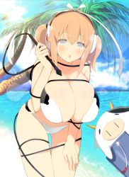  1girl animal_print bare_hips bare_legs bare_shoulders beach bikini breast_press breasts bucket cameltoe cleavage cow cow_print grey_eyes hair_ribbon hand_on_thigh headphones highres huge_breasts large_breasts legs legs_together light_brown_hair looking_down open_mouth palm_tree ribbon senran_kagura short_hair solo swimsuit thick_thighs thigh_gap thighs tied tree twintails ushimaru_(senran_kagura) wet whip  rating:Questionable score:28 user:A2SQ