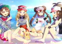  4girls :d ;d bare_arms bare_shoulders baseball_cap black_vest blue_eyes blurry blurry_background blush breasts brown_eyes brown_hair can cardigan closed_mouth collared_dress collared_shirt commentary_request commission creatures_(company) day depth_of_field dress energy_drink game_freak gen_1_pokemon gloria_(pokemon) goggles goggles_on_headwear green_hat grey_cardigan grey_eyes grey_shirt grey_shorts hair_between_eyes hat hilda_(pokemon) holding holding_can hood hood_down hooded_cardigan horizon knee_up knees_up kou_hiyoyo long_hair medium_breasts monster_energy multiple_girls nintendo no_legwear ocean one_eye_closed open_mouth outdoors parted_bangs pikachu pokemon pokemon_(creature) pokemon_bw pokemon_bw2 pokemon_swsh pokemon_xy purple_skirt raglan_sleeves red_bull red_dress red_hat rosa_(pokemon) serena_(pokemon) shirt shorts sitting skeb_commission skirt sleeveless sleeveless_shirt smile tam_o&#039;_shanter very_long_hair vest visor_cap water white_hat white_shirt yellow_shorts 