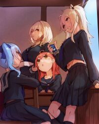  4girls ahoge alternate_costume animal_ears aogami_high_school_uniform black_serafuku black_skirt blue_eyes blue_hair box breasts brown_eyes candy_stick commentary_request grey_eyes grey_hair hair_behind_ear hair_between_eyes hair_ornament hairclip head_tilt highres holding holding_box hololive hololive_error hoshimachi_suisei large_breasts lion_ears lion_girl long_hair medium_hair multiple_girls one_eye_closed sailor_collar sakura_miko school_uniform serafuku shirogane_noel shishiro_botan side_ponytail sitting skirt sue_(bg-bros) virtual_youtuber x_hair_ornament 