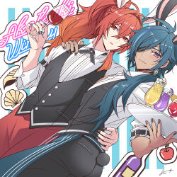  2boys alcohol animal_ears antenna_hair aono_(aono_pic) apple apple_slice apron artist_name black_nails black_pants black_ribbon black_vest blue_apron blue_background blue_eyes blue_hair blush border bottle breast_pocket buttons cherry closed_mouth collared_shirt commentary crossed_bangs cup dark-skinned_male dark_skin diluc_(genshin_impact) drinking_glass dutch_angle earrings expressionless eyepatch fingernails food fruit genshin_impact hair_between_eyes hair_intakes hair_over_shoulder hand_on_another&#039;s_shoulder hand_on_another&#039;s_waist hand_up high_ponytail highres holding holding_cup holding_tray ice ice_cube jewelry kaeya_(genshin_impact) long_hair long_sleeves looking_at_viewer low_ponytail male_focus multicolored_hair multiple_boys nail_polish neck_ribbon one_eye_covered orange_(fruit) orange_slice outside_border pants parted_bangs parted_lips pocket ponytail rabbit_boy rabbit_ears rabbit_tail red_apron red_eyes red_hair ribbon seashell shell shirt sidelocks signature simple_background single_earring sleeves_rolled_up smile split_mouth streaked_hair striped_background swept_bangs symbol-only_commentary tail tray two-tone_background vest waist_apron white_background white_border white_shirt wine wine_bottle wine_glass 