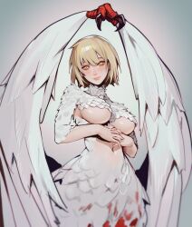  1girl absurdres blonde_hair blood breasts chimera closed_mouth covered_erect_nipples cowboy_shot dungeon_meshi expressionless falin_touden falin_touden_(chimera) feathered_wings feathers grey_background hands_on_own_chest highres interlocked_fingers large_breasts lavelis lips looking_at_viewer monster_girl navel own_hands_together parted_bangs short_hair simple_background sleeves_past_elbows slit_pupils solo white_wings wings yellow_eyes 