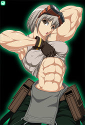  abs arms_up biceps brown_eyes brown_gloves clothes_lift extreme_muscles gloves god_eater googly_eyes highres licca_kusunoki_(god_eater) looking_at_viewer muscular muscular_female open_mouth ren_(tainca2000) shiny_skin silver_hair  rating:Explicit score:7 user:byoma994