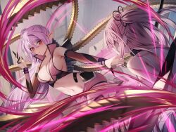  2girls action_taimanin artist_request bare_shoulders breasts cleavage demon_girl dress felicia_(taimanin_kurenai) game_cg highres lilith-soft long_hair looking_at_another medium_breasts multiple_girls navel official_art pink_hair pink_skirt pointy_ears red_eyes saya_neo shiny_skin side_ponytail skirt smile taimanin_(series) taimanin_kurenai taimanin_rpgx twintails very_long_hair weapon 