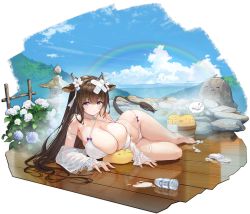 1girl afterimage animal_ears arm_strap azur_lane bare_shoulders barefoot bikini bird breasts brown_hair chick choker cleavage cow_ears cow_girl cow_horns cow_tail criss-cross_halter day flower frown hair_flower hair_ornament halterneck highres horns huge_breasts kashino_(azur_lane) kashino_(hot_springs_relaxation)_(azur_lane) long_hair long_sleeves looking_at_viewer lying manjuu_(azur_lane) multi-strapped_bikini_bottom navel off_shoulder official_alternate_costume official_art on_side outdoors purple_eyes rainbow reflection see-through sky solo statue steam string_bikini swimsuit tail thigh_strap thighs transparent_background white_bikini white_flower wooden_floor yyy_(zelda10010) rating:Sensitive score:62 user:danbooru