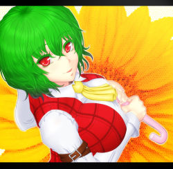  1girl :d arm_belt armband ascot bad_id bad_pixiv_id breasts buckle collared_shirt colored_eyelashes covered_erect_nipples dress_shirt fingernails floral_background flower from_side green_hair hair_between_eyes holding holding_umbrella kazami_yuuka kinohino large_breasts letterboxed long_fingernails long_sleeves looking_at_viewer looking_back nose open_mouth outline over_shoulder parasol plaid plaid_vest puffy_sleeves red_eyes shirt sleeve_cuffs smile solo taut_clothes taut_shirt tight_clothes tight_shirt touhou umbrella upper_body vest wavy_hair white_shirt 