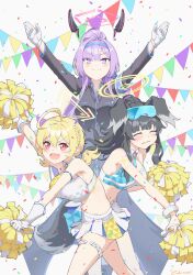 3girls absurdres ahoge animal_ears arm_up arms_up black_hair black_jacket blonde_hair blue_archive blue_headband blush braid breasts confetti dog_ears engineering_department_(blue_archive) floating_headgear gloves goggles goggles_on_head halo hashtag-only_commentary headband headgear hibiki_(blue_archive) hibiki_(cheer_squad)_(blue_archive) high_ponytail highres holding holding_pom_poms jacket kotori_(blue_archive) kotori_(cheer_squad)_(blue_archive) large_breasts long_hair looking_at_viewer low_twintails medium_hair millennium_cheerleader_outfit_(blue_archive) muffin_top multiple_girls navel official_alternate_costume ouendan pennant pleated_skirt pom_pom_(cheerleading) pom_poms purple_eyes purple_hair red_eyes skirt sports_bra string_of_flags twintails utaha_(blue_archive) utaha_(cheer_squad)_(blue_archive) wavy_mouth white_gloves yuki7128