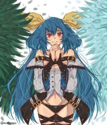  1girl angel_wings arc_system_works asymmetrical_wings bare_shoulders belt black_panties black_thighhighs blue_hair breasts choker cleavage closed_mouth detached_collar dizzy_(guilty_gear) guilty_gear guilty_gear_xrd hair_between_eyes hair_ribbon hair_rings highres long_hair looking_at_viewer mature_female medium_breasts mil17459623 mother&#039;s_day navel panties red_eyes ribbon skindentation smile solo thick_thighs thigh_strap thighhighs thighs twintails twitter_username underwear wide_sleeves wings yellow_ribbon  rating:Sensitive score:10 user:GPO2