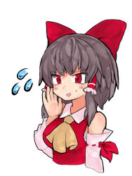  1girl ascot blush bow breasts brown_hair collared_shirt commentary_request cookie_(touhou) cropped_torso detached_sleeves flying_sweatdrops frilled_hair_tubes frills hair_bow hair_tubes hakurei_reimu hand_up kanakamei1 looking_at_viewer medium_bangs medium_breasts medium_hair open_mouth red_bow red_eyes red_shirt reu_(cookie) ribbon-trimmed_sleeves ribbon_trim sarashi shirt sidelocks simple_background sleeveless sleeveless_shirt smile solo touhou upper_body white_background white_sleeves yellow_ascot 