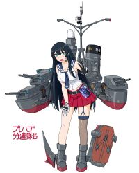  1girl absurdres agano_(kancolle) anchor_symbol belt black_hair blue_eyes blue_sailor_collar boots breasts brown_thighhighs cleavage full_body garter_straps gloves highres kantai_collection large_breasts long_hair looking_at_viewer miniskirt open_mouth pleated_skirt red_skirt rigging sailor_collar samusara school_uniform serafuku simple_background single_garter_strap single_thighhigh skirt sleeveless solo standing thighhighs turret very_long_hair white_background white_gloves 