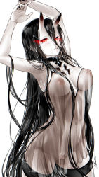 10s 1girl abyssal_ship armpits arms_up battleship_princess black_hair black_nails breasts cleft_of_venus colored_skin covered_erect_nipples dress female_pubic_hair glowing glowing_eyes horns kantai_collection large_breasts long_hair looking_at_viewer mizusaki_(tengoku) nail_polish nipples no_bra no_panties pale_skin pubic_hair pussy red_eyes see-through short_dress simple_background skin-covered_horns solo suggestive_fluid very_long_hair white_background white_skin rating:Explicit score:56 user:danbooru