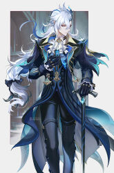  1boy artist_name ascot asymmetrical_bangs black_bow black_gloves black_pants blue_coat blue_gemstone blue_hair border bow brooch buttons cane closed_mouth coat commentary darkavey english_commentary expressionless feet_out_of_frame floating_hair frilled_sleeves frills gem genshin_impact glint gloves gold_trim hair_between_eyes hair_bow hair_ornament hand_up highres holding holding_cane jewelry lapels long_hair long_sleeves looking_to_the_side low-tied_long_hair male_focus multicolored_hair neuvillette_(genshin_impact) outside_border pants parted_bangs pointy_ears purple_eyes sleeve_cuffs solo spats_(footwear) streaked_hair very_long_hair white_ascot white_border white_hair  rating:General score:1 user:danbooru