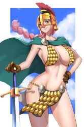  1girl absurdres anagumasan armor bikini_armor braid braided_ponytail breasts cape gladiator gold_armor hand_on_own_hip helmet highres large_breasts midriff one_piece pink_hair rebecca_(one_piece) smile sword thighs weapon 