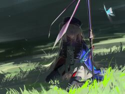  1girl artoria_caster_(fate) artoria_pendragon_(fate) beret black_pantyhose blue_bow blue_cloak bow breasts bug butterfly buttons cloak fate/grand_order fate_(series) grass hat highres insect long_hair long_sleeves pantyhose shirt skirt small_breasts ubwmitekure white_shirt white_skirt 