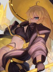  1girl aesc_(9th_anniversary)_(fate) aesc_(fate) blonde_hair blue_eyes book braid breasts cleavage commentary fate/grand_order fate_(series) hat highleg highleg_panties large_breasts long_hair long_sleeves looking_at_viewer m0_chi official_alternate_costume panties shorts smile solo staff thighs twin_braids underwear witch_hat 