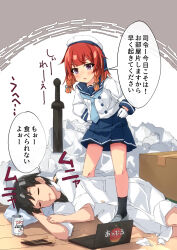  1boy 1girl admiral_(kancolle) asahi_breweries beer_can beret beritabo bike_shorts black_shorts black_socks blue_necktie blue_ribbon blue_sailor_collar blue_skirt blush box braid can cardboard_box commentary_request computer drink_can etorofu_(kancolle) fur-trimmed_sleeves fur_trim gloves gradient_hair grey_background grey_footwear hair_ribbon hat highres jacket kantai_collection laptop long_sleeves lying multicolored_hair necktie on_side orange_hair parted_lips pleated_skirt purple_eyes red_hair ribbon sailor_collar shirt shoes short_sleeves shorts shorts_under_skirt skirt socks standing sword translation_request twin_braids two-tone_background v-shaped_eyebrows wavy_mouth weapon white_background white_gloves white_hat white_jacket white_shirt white_shorts 
