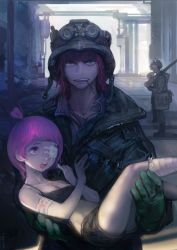  1boy 1girl bandage_over_one_eye bandaged_arm bandaged_leg bandages breasts carrying cleavage goggles goggles_on_head green_eyes gun helmet highres medium_breasts midriff mouth_hold original pink_eyes pink_hair princess_carry red_hair rifle short_shorts shorts soldier tank_top topknot twig weapon woorona 