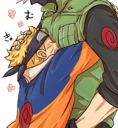 2boys age_difference aged_down blonde_hair closed_eyes facial_mark fingerless_gloves forehead_protector gloves grey_hair hamifunrx hands_in_pockets hatake_kakashi height_difference hug long_sleeves male_focus mask multiple_boys naruto_(series) teacher_and_student uzumaki_naruto whisker_markings