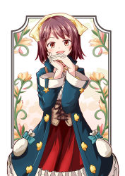  1girl atelier_(series) atelier_sophie blush bow brown_eyes brown_hair flower green_bow highres long_sleeves looking_at_viewer open_mouth rayhwang short_hair smile solo sophie_neuenmuller 