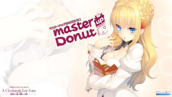  1girl adelheid_ritter_von_weinberger blonde_hair blue_eyes blush brand_name_imitation breasts character_name cleavage company_name copyright_name double_bun doughnut food food_on_face hair_ornament highres juliet_sleeves long_hair long_sleeves mister_donut puffy_sleeves solo tokeijikake_no_ley_line triangle_mouth urabi_(tomatohouse) wallpaper zoom_layer  rating:Sensitive score:14 user:danbooru