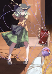  1boy 1girl arm_up black_footwear black_hat cellphone closed_mouth commentary floral_print full_body green_eyes green_hair green_skirt hair_between_eyes hat hat_ribbon heart heart-shaped_ornament heart_of_string hetero holding holding_phone incoming_attack indoors komeiji_koishi looking_at_viewer mary_janes medium_hair phone pov pov_hands print_skirt red_eyes ribbon rose_print shaded_face shirt shoes skirt sleeves_past_fingers sleeves_past_wrists smartphone solo_focus standing third_eye touhou user_erpt5828 wavy_hair wide_sleeves yandere yellow_ribbon yellow_shirt 