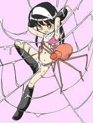  1girl artist_request bdsm black_hair blush bondage boots bound bug flat_chest loli monster panties panty_pull restrained silk spider spider_web trapped underwear  rating:Questionable score:10 user:cuntipede
