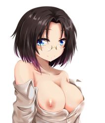 10s 1girl ashfair blue_eyes breasts brown_hair cleavage closed_mouth collarbone dress_shirt elma_(maidragon) glasses kobayashi-san_chi_no_maidragon looking_at_viewer medium_breasts multicolored_hair nipples off_shoulder one_breast_out open_clothes open_shirt parted_bangs pink_hair rimless_eyewear see-through shirt simple_background smile solo sweat two-tone_hair upper_body white_background rating:Questionable score:69 user:danbooru