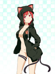 1girl alternate_costume blunt_bangs breasts cato_(monocatienus) checkered_background expressionless hood hoodie kaenbyou_rin large_breasts looking_at_viewer multiple_tails naked_hoodie nekomata paw_print solo tail touhou two_tails  rating:Questionable score:9 user:danbooru
