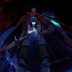  alucard_(hellsing) armor artist_request beard black_hair blood blue_eyes cape child cross facial_hair gloves hellsing multiple_persona aged_up red_eyes stubble sword weapon white_gloves aged_down  rating:Sensitive score:11 user:seikonnoqwaser
