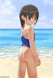  1boy anda_(pennyroyal_tea) androgynous ass beach brown_eyes brown_hair competition_school_swimsuit crossdressing from_behind looking_back male_focus mizuki_(anda) one-piece_swimsuit original school_swimsuit shota solo swimsuit trap 