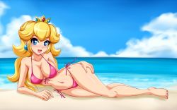 1girl arm_support beach bikini blonde_hair blue_eyes blush breasts cleavage cloud crown day earrings front-tie_top hand_on_own_hip highres jewelry large_breasts long_hair looking_at_viewer mario_(series) navel nintendo ocean open_mouth outdoors princess_peach side-tie_bikini_bottom sigurd_hosenfeld sky smile solo super_mario_bros._1 swimsuit rating:Questionable score:58 user:KaShy