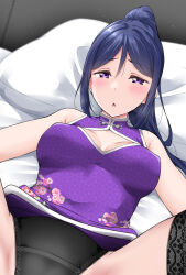  1girl :o bed_frame black_panties black_thighhighs blue_hair blush breasts china_dress chinese_clothes cleavage cleavage_cutout clothing_cutout dress embarrassed floral_print hair_between_eyes high_ponytail highres lace_thighhighs light_particles long_hair love_live! love_live!_sunshine!! lying matsuura_kanan medium_breasts on_back on_bed open_mouth out_of_frame panties pillow ponytail purple_dress purple_eyes sleeveless sleeveless_dress solo spread_legs thighhighs underwear yopparai_oni  rating:Sensitive score:35 user:danbooru