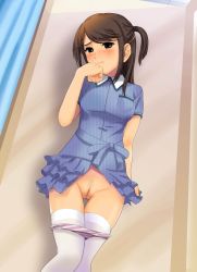 1girl blush brown_hair cleft_of_venus clothes_lift dress dress_lift dutch_angle female_pubic_hair gossa-tei indoors panties panty_pull pubic_hair pussy solo sparse_pubic_hair thigh_gap thighhighs uncensored underwear white_thighhighs rating:Explicit score:208 user:huzzaman