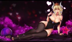 1girl absurdres aleskaart armlet bare_shoulders black_leotard black_nails black_thighhighs blonde_hair blue_eyes bowsette bracelet breasts cleavage collar collarbone covered_navel earrings fingernails full_body highres horns huge_breasts jewelry leotard lm_(legoman) long_tongue looking_at_viewer mario_(series) nail_polish new_super_mario_bros._u_deluxe nintendo one_eye_closed open_mouth piercing poison_mushroom sharp_fingernails sharp_teeth sharp_toenails smile solo spiked_armlet spiked_bracelet spiked_collar spikes super_star_(mario) strapless super_crown teeth thick_eyebrows thighhighs toeless_legwear toenails tongue tongue_out tongue_piercing wink rating:Questionable score:58 user:DarkToonLink